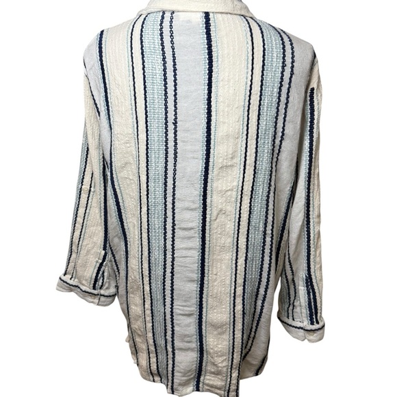 Elan | Cream and Blue Striped Button-Down Shirt with Embroidery | Sz S - Picture 4 of 7